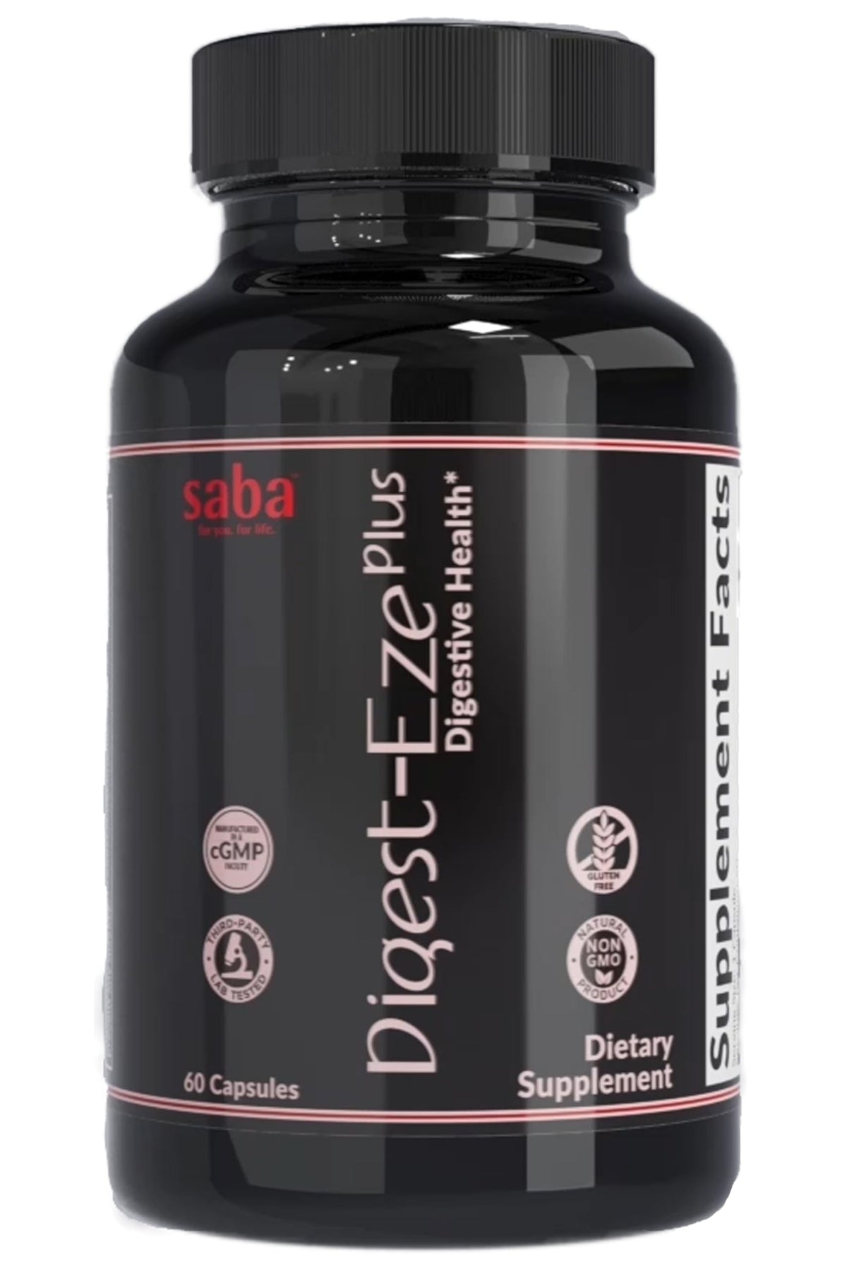 Saba Digestive-EZE Plus bottle front showing the enhanced enzyme formula for balanced digestion.