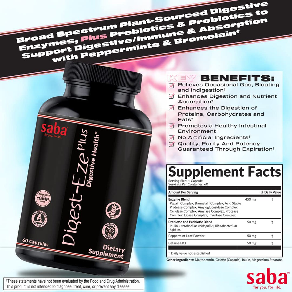 Saba Digestive-EZE Plus capsules close-up for easy swallowing and daily digestive support.