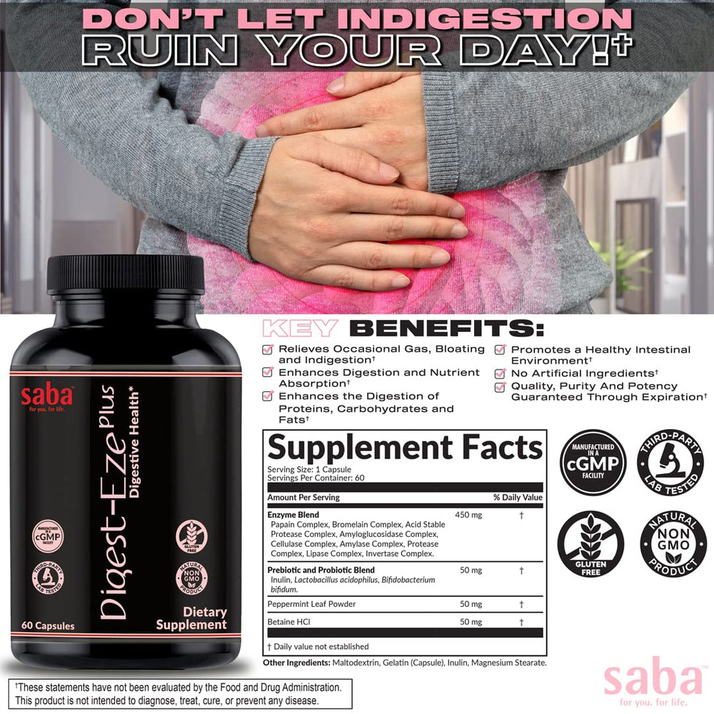 Saba Digestive-EZE Plus label close-up highlights enzymes, probiotics, and prebiotics.