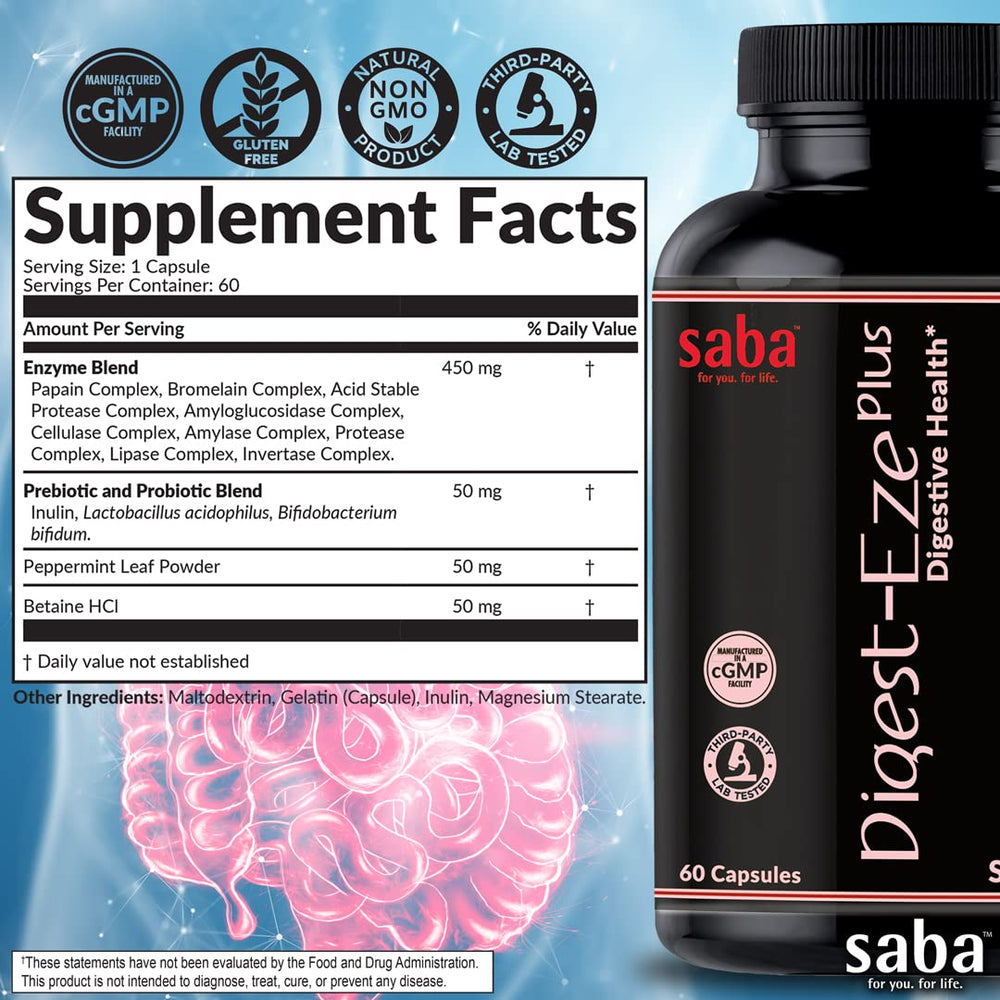 Saba Digestive-EZE Plus peppermint leaf detail signaling natural digestion aid.