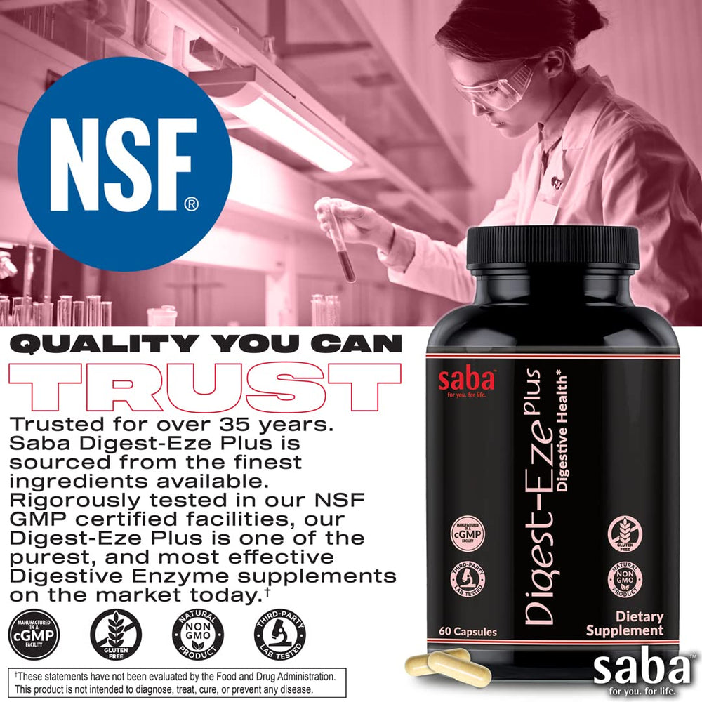 Saba Digestive-EZE Plus probiotics and prebiotics blend close-up on packaging.