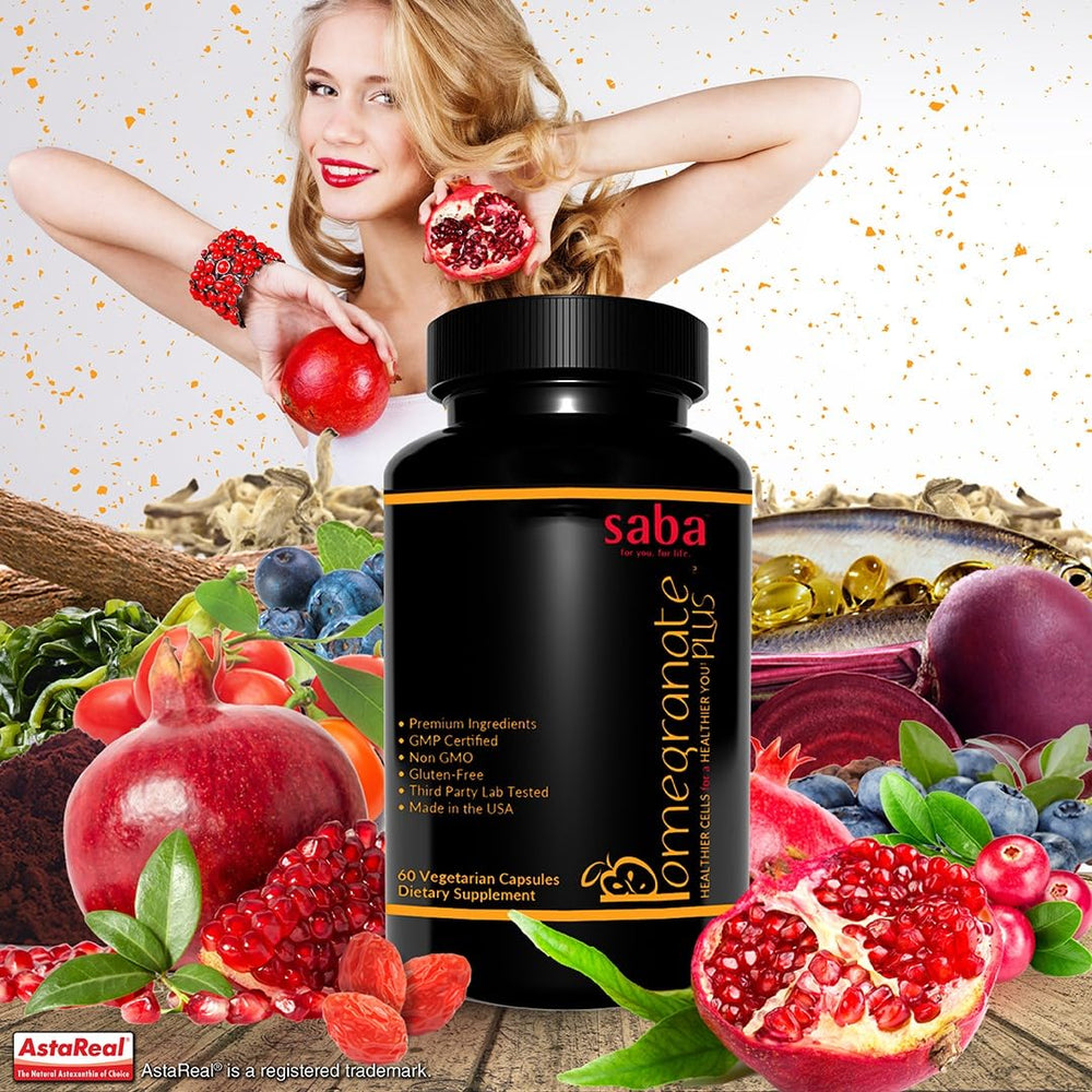 Saba Pomegranate Plus astaxanthin capsule from AstaReal for skin and eye health