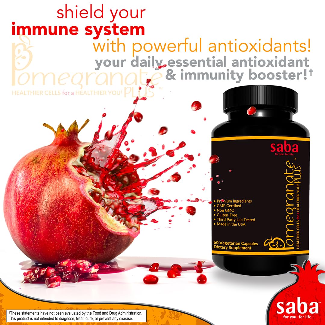 Saba Pomegranate Plus ingredients panel highlighting antioxidants and phytonutrients