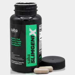 Saba SlimGenix capsules close-up highlighting veggie-based formula for clean energy
