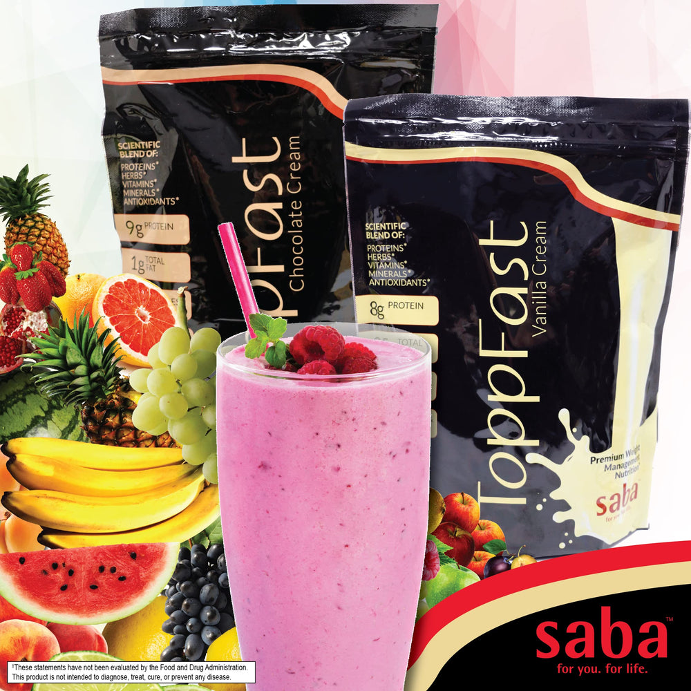 Glass of Saba ToppFast vanilla shake as a light meal option.