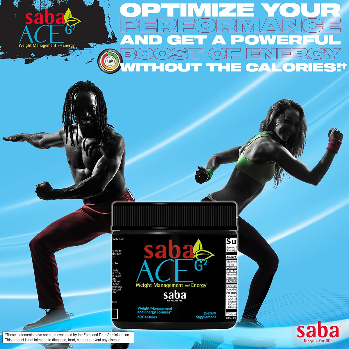 Saba ACE G2 ingredient note highlights green tea extract on label.