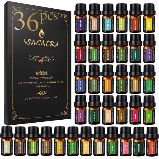 SACATR 36pcs set box showcasing diverse essential oils for diffusion and DIY blends.