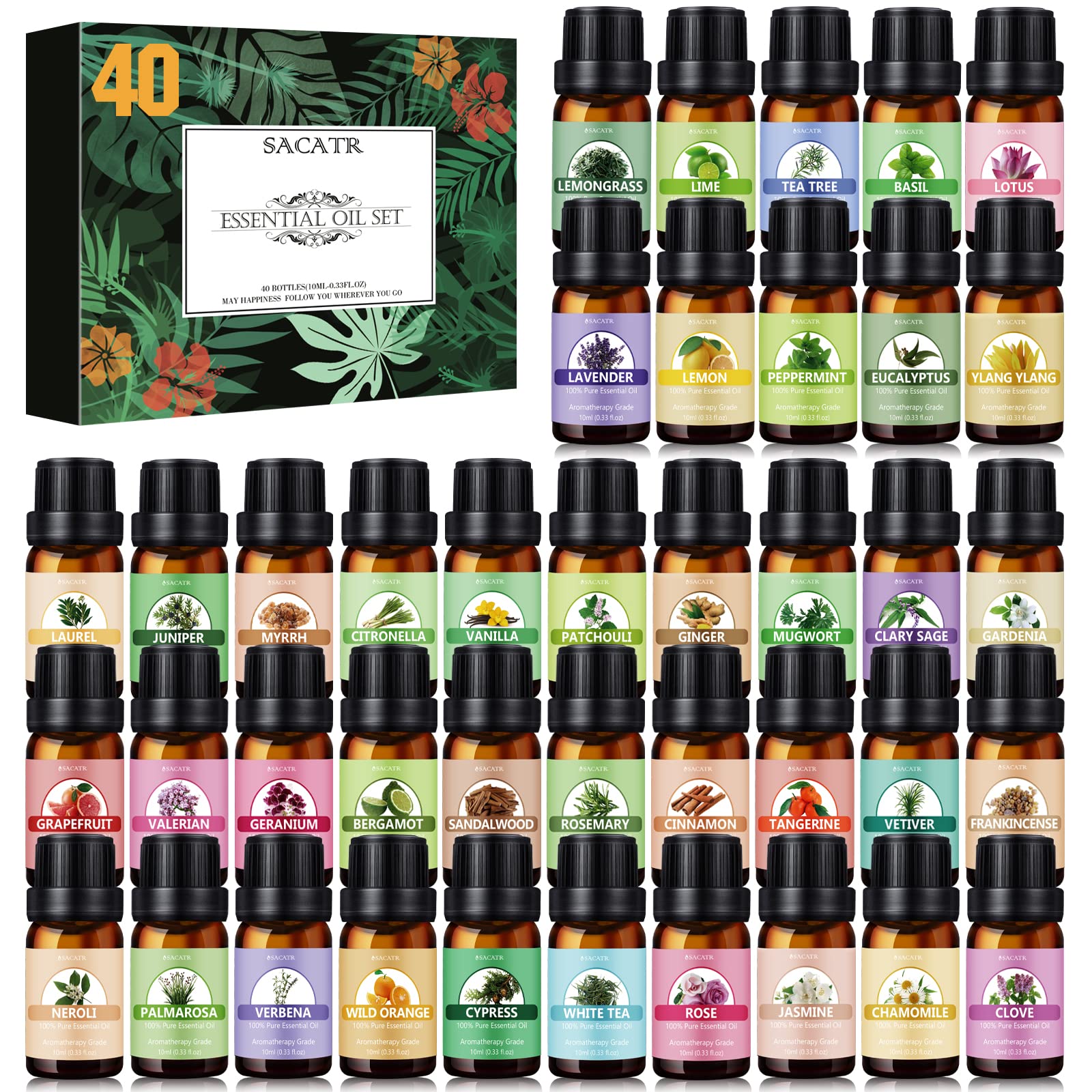 SACATR Essential Oils Set with 40 bottles for diffusion and DIY projects