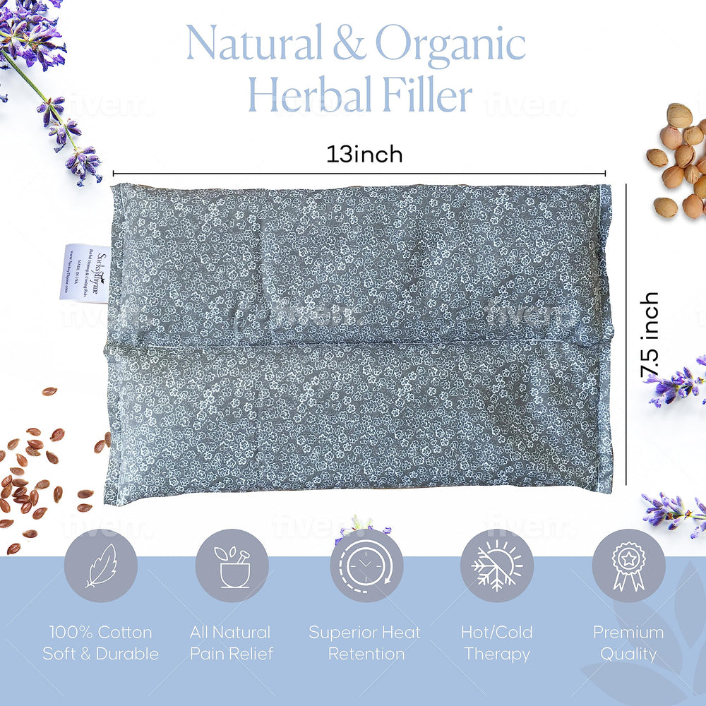Sacksy Thyme heating pad in use on neck and shoulders for relief