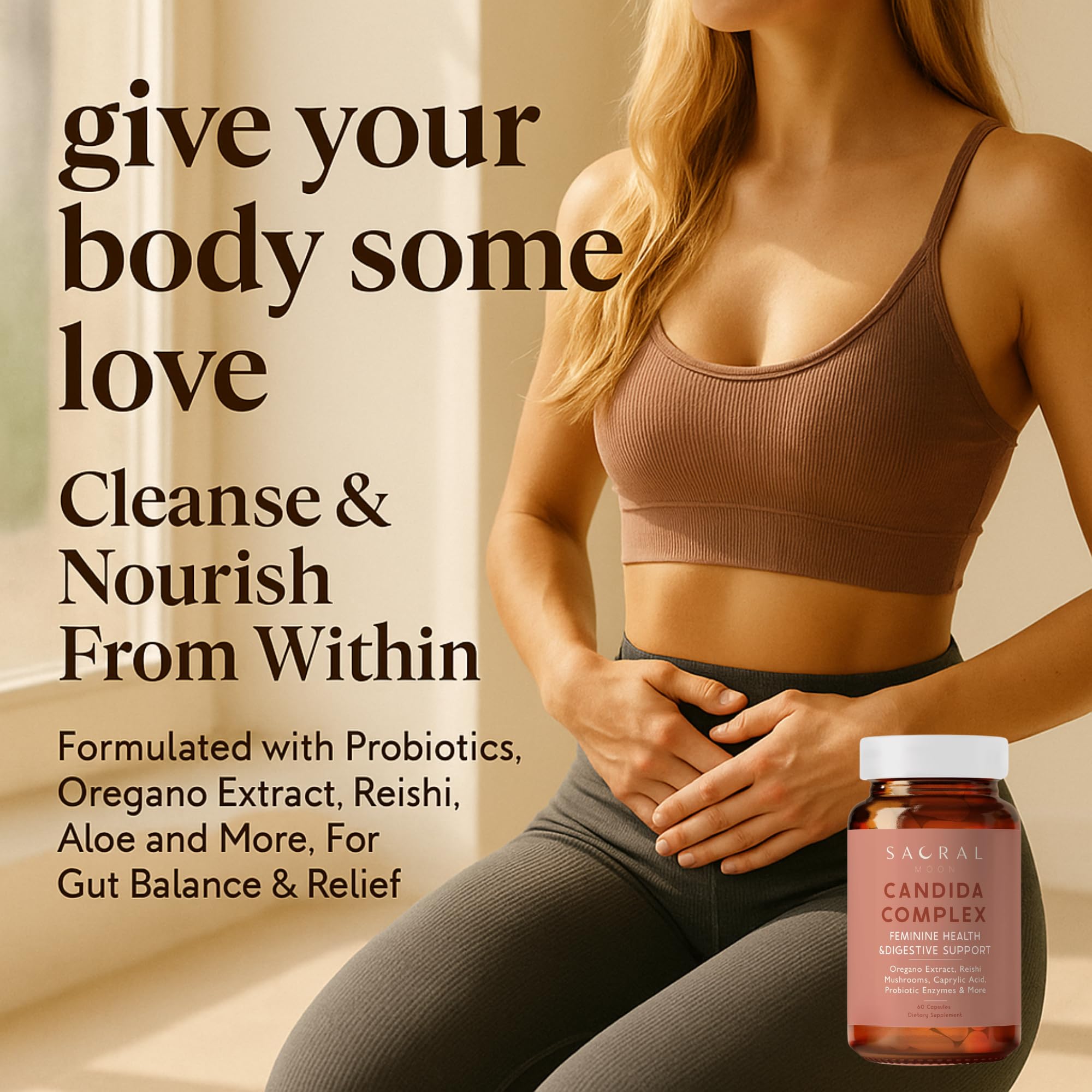 SACRALMOON capsules closeup supporting digestive comfort and feminine balance.