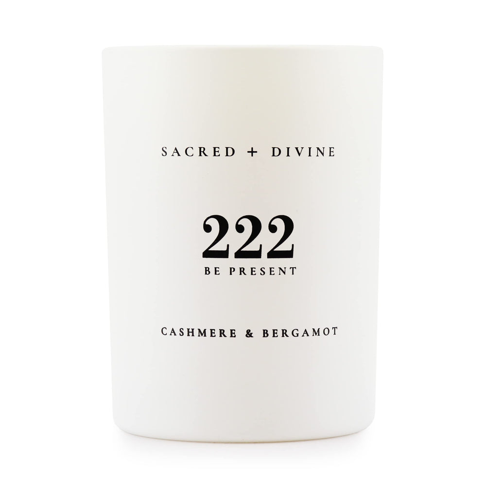 Sacred + Divine 222 Be Present candle jar promotes mindful presence.