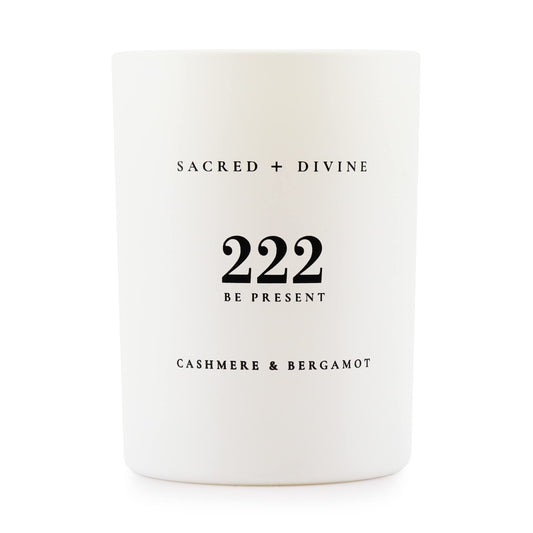Sacred + Divine 222 Be Present candle jar promotes mindful presence.