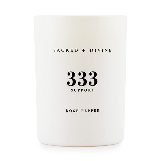 Sacred + Divine 333 candle in a rose-pepper jar for balance and intention
