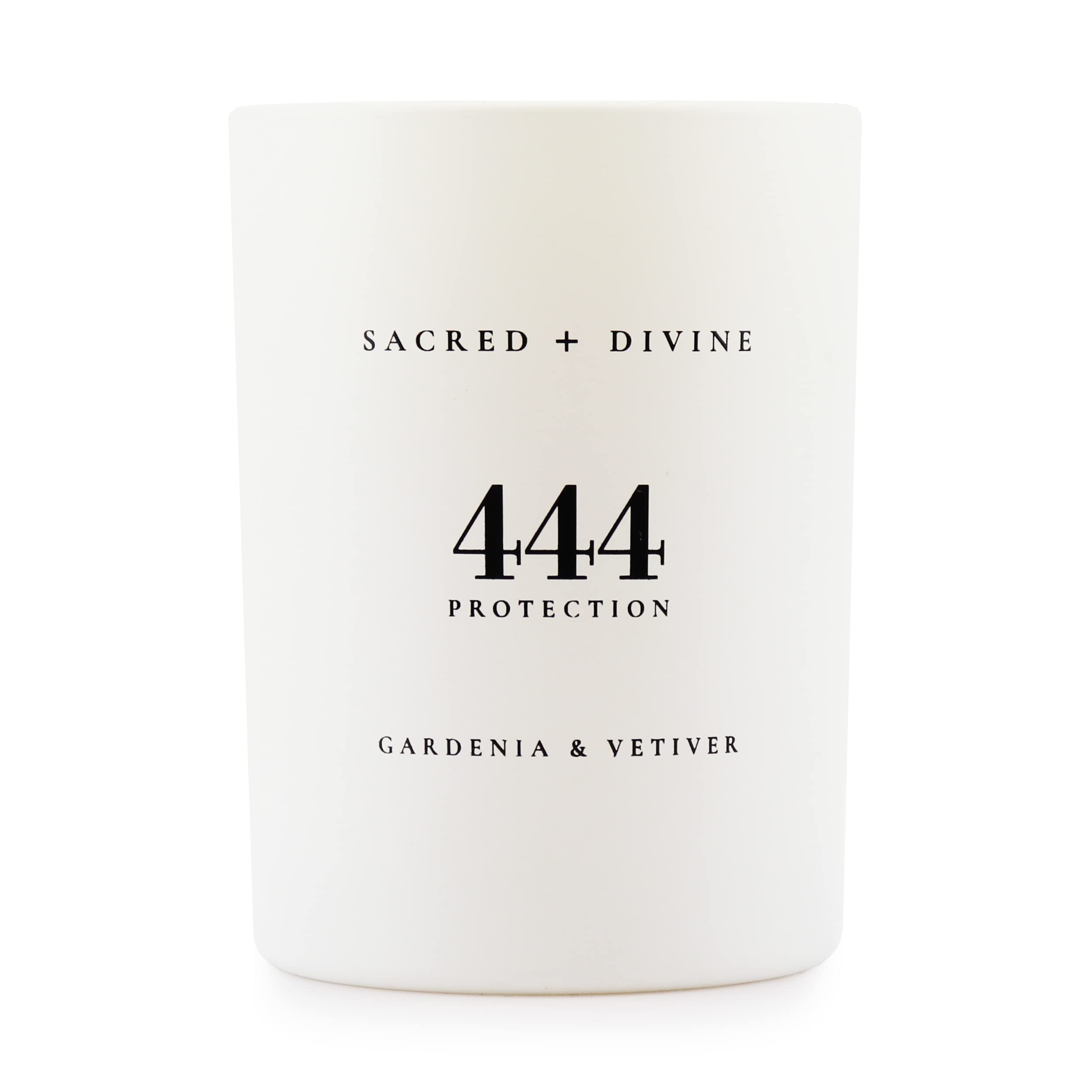 Sacred + Divine 444 protection candle in gardenia-vetiver jar for calm focus.