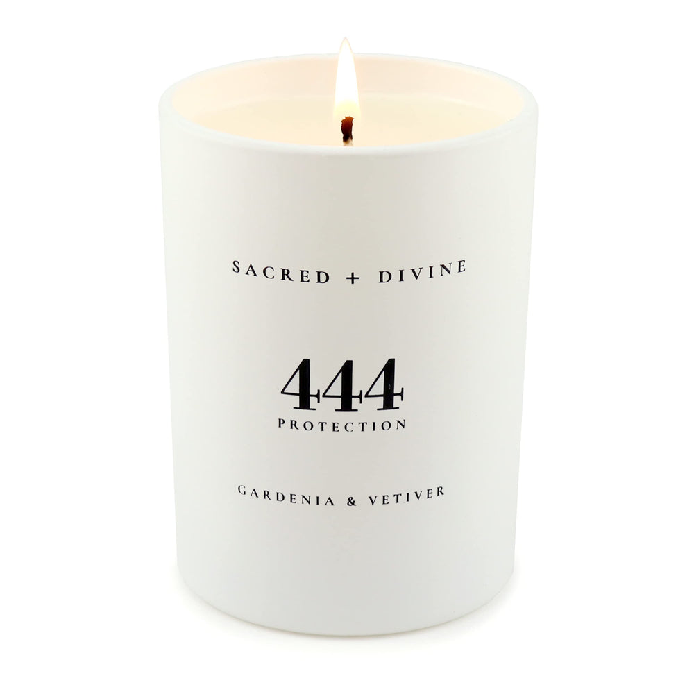 Sacred + Divine 444 candle packaging in gift box ready for gifting.