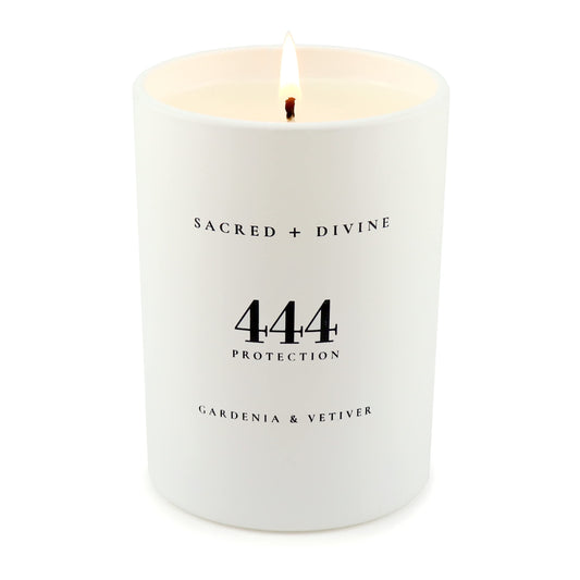 Sacred + Divine 444 candle packaging in gift box ready for gifting.