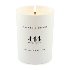 Sacred + Divine 444 candle packaging in gift box ready for gifting.
