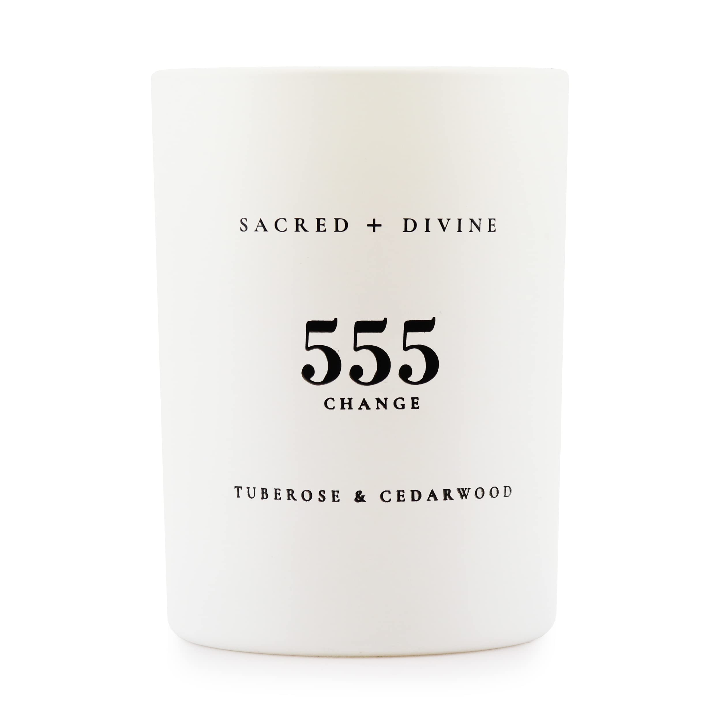 Sacred + Divine 555 Change candle jar front for mindful rituals.