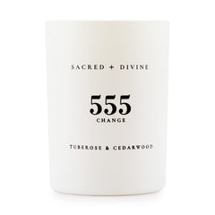 Sacred + Divine 555 Change candle jar front for mindful rituals.