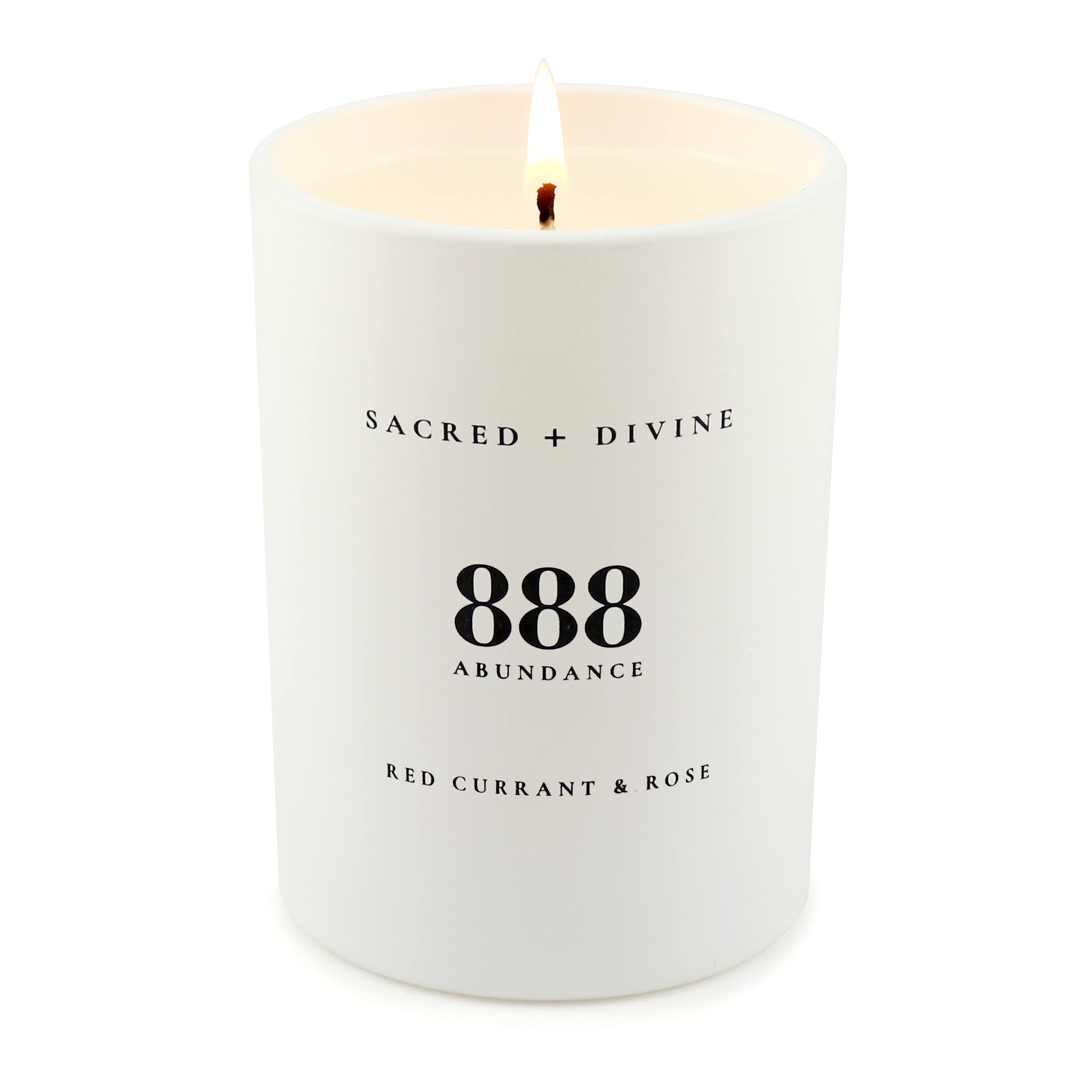 Sacred + Divine 888 candle aroma of red currant and rose to elevate mood during meditation.