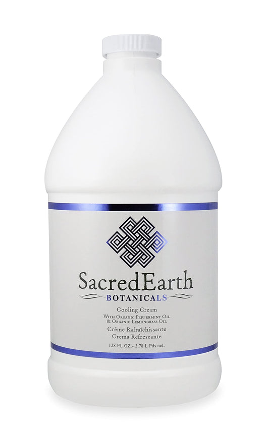 Sacred Earth Botanicals Cooling Cream bottle provides cooling relief during massages and moisturizes dry skin