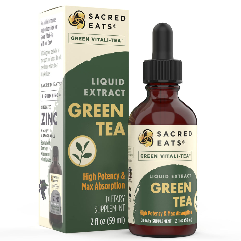 Sacred Eats Green Tea Liquid Extract bottle front showing antioxidant-rich formulation for daily wellness.
