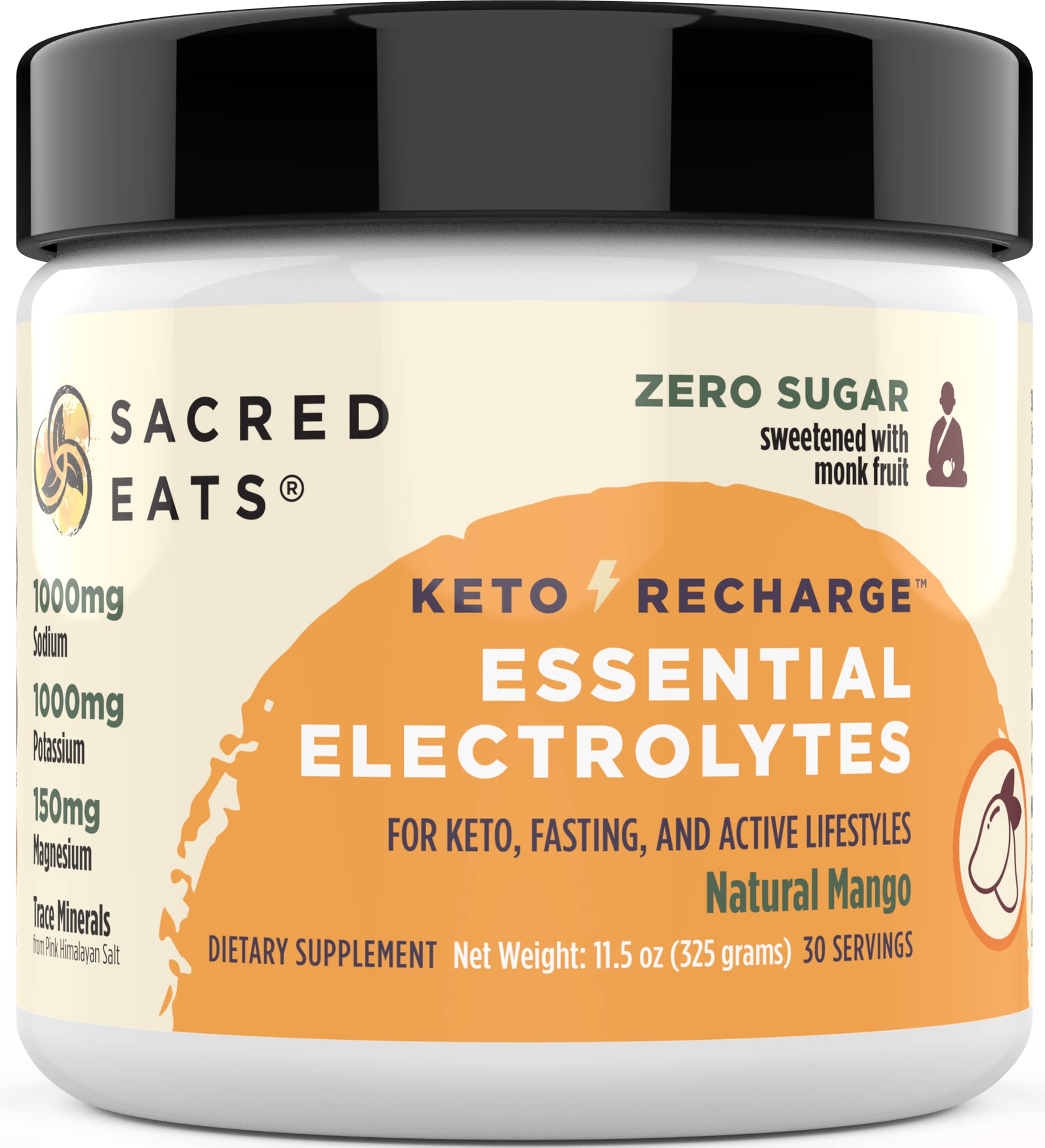 Sacred Eats Keto Electrolyte Powder bottle with mango flavor for hydration