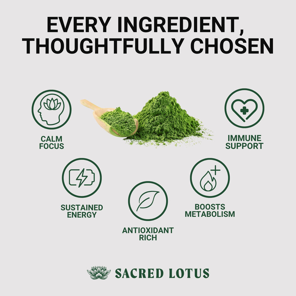 Sacred Lotus ceremonial grade matcha powder close-up showing premium texture for whisking.