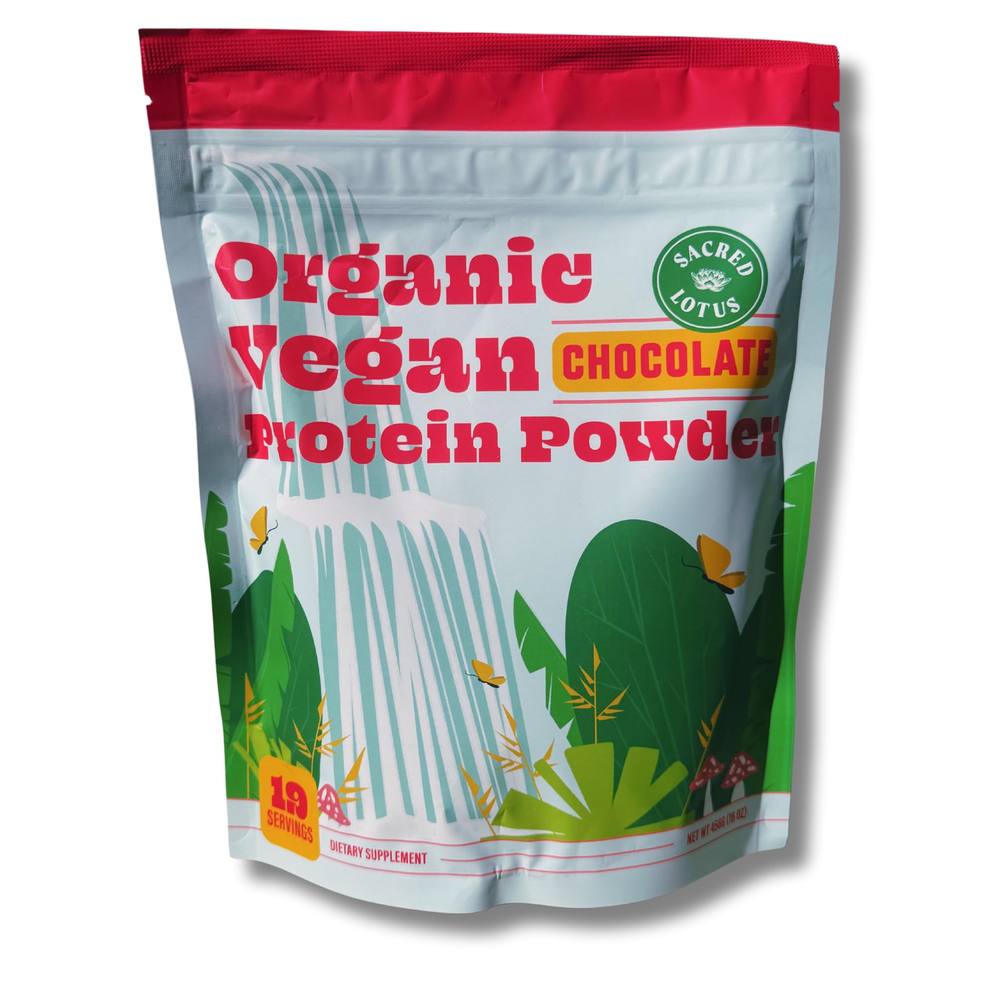 Sacred Lotus vegan protein powder chocolate scoop showing rich texture for a post-workout shake.