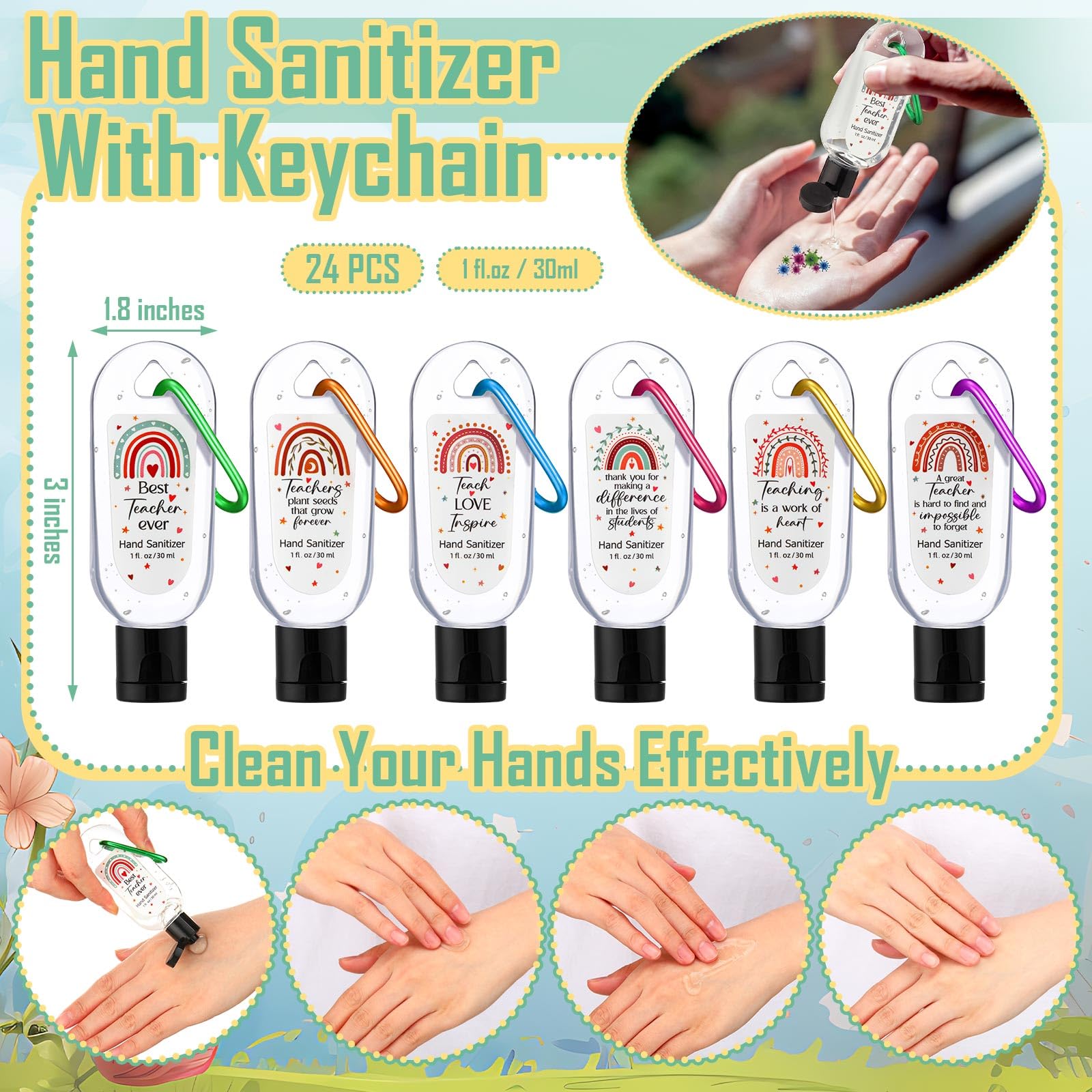 Sacubee apple scented hand sanitizer with keychain, ideal for classroom gifts.