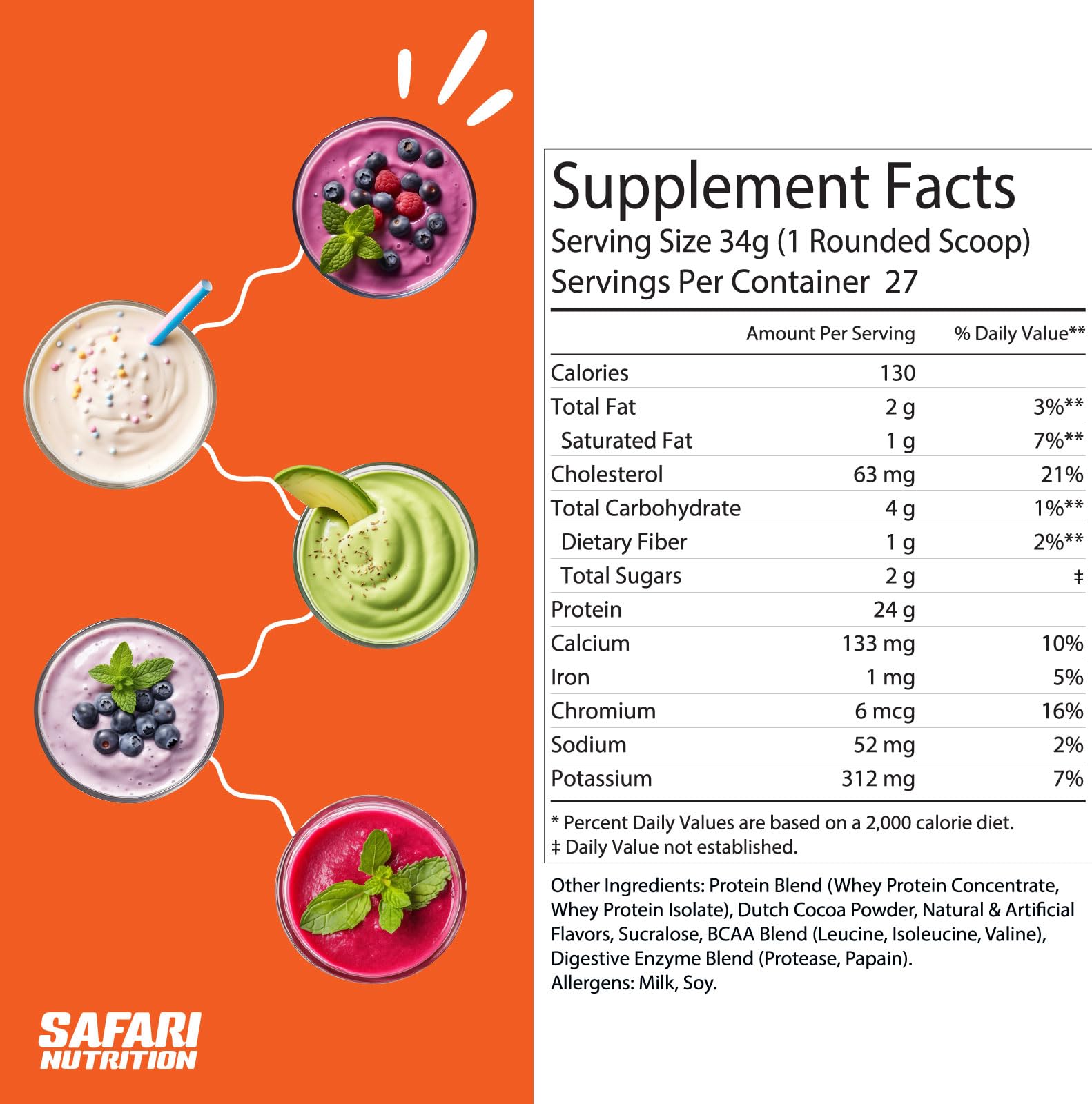 Safari Nu chocolate whey scoop pouring, convenient shake option.