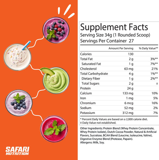 Safari Nu chocolate whey scoop pouring, convenient shake option.
