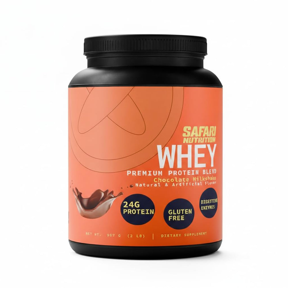 Safari Nu chocolate whey tub front showing premium protein for daily workouts.