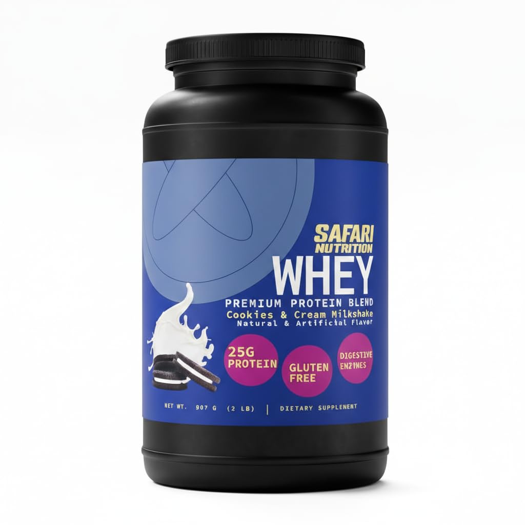 Safari Nutrition Cookies & Cream whey bottle with transparent label showing ingredients.