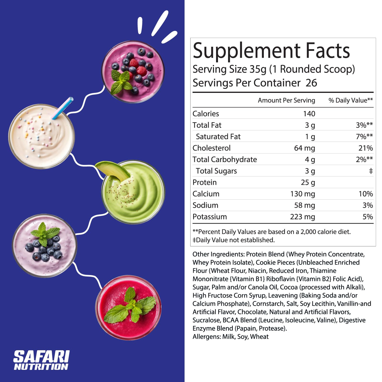 Safari Nutrition Cookies & Cream whey scoop beside a shaker for post-workout fuel.