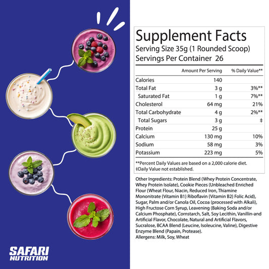 Safari Nutrition Cookies & Cream whey scoop beside a shaker for post-workout fuel.