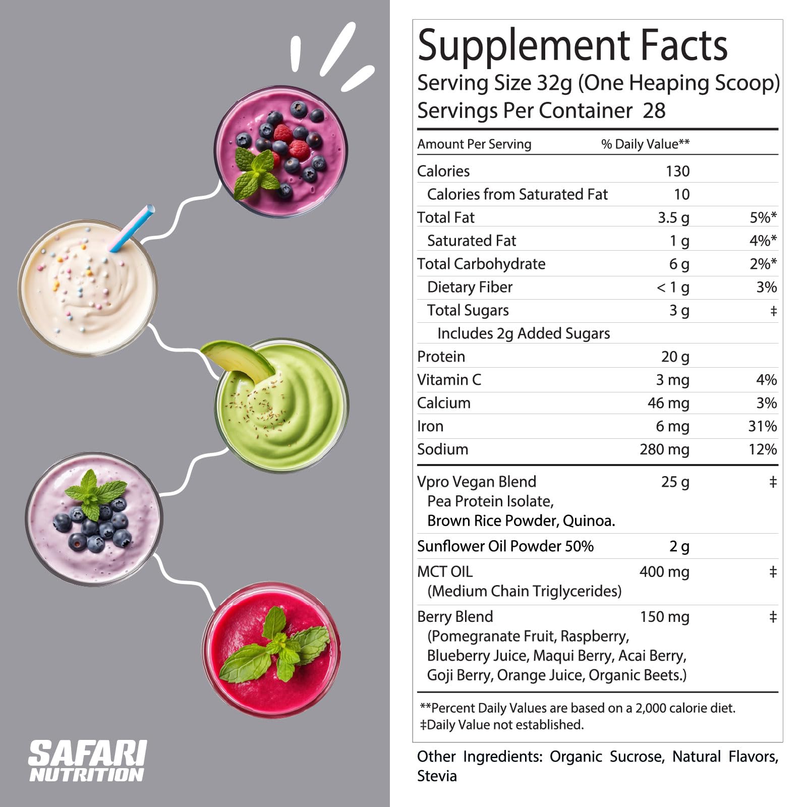 Safari Nutrition ingredient list panel highlights transparent formula and organic vegan protein blend.