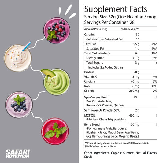 Safari Nutrition ingredient list panel highlights transparent formula and organic vegan protein blend.