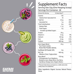 Safari Nutrition ingredient list panel highlights transparent formula and organic vegan protein blend.