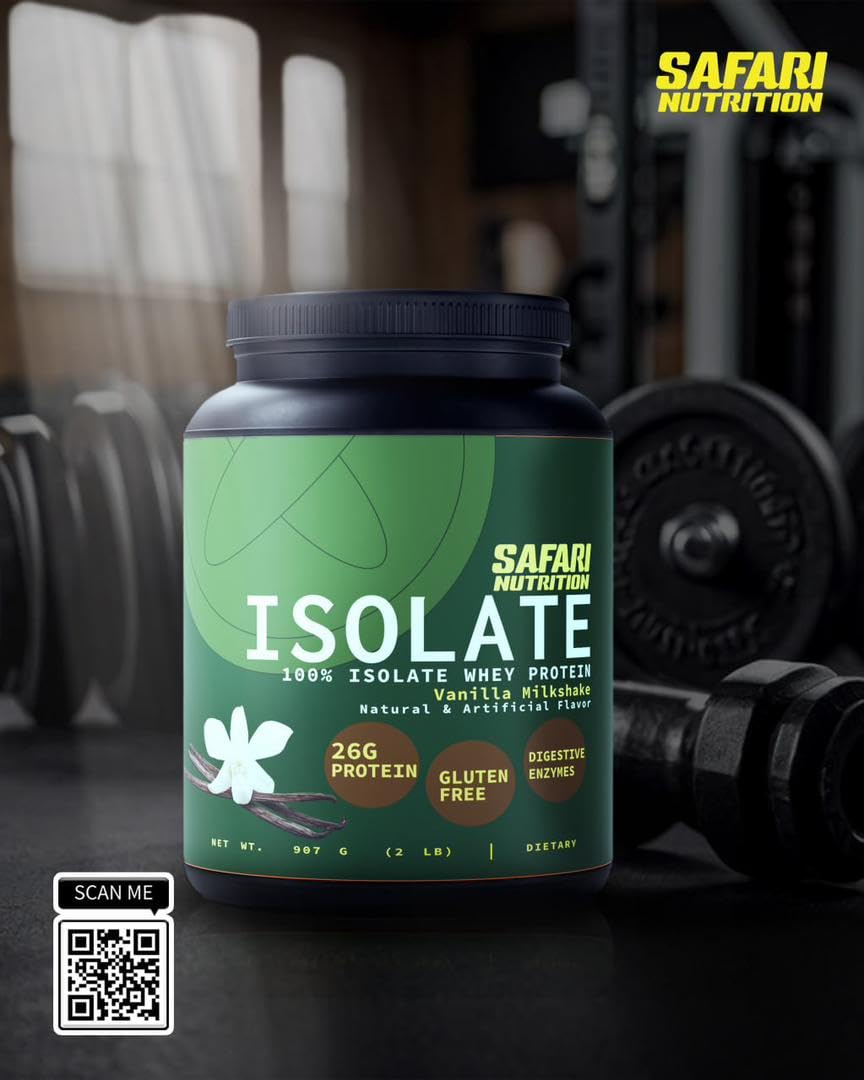 Safari Nutrition Isolate Vanilla scoop dispensing 26g protein per serving