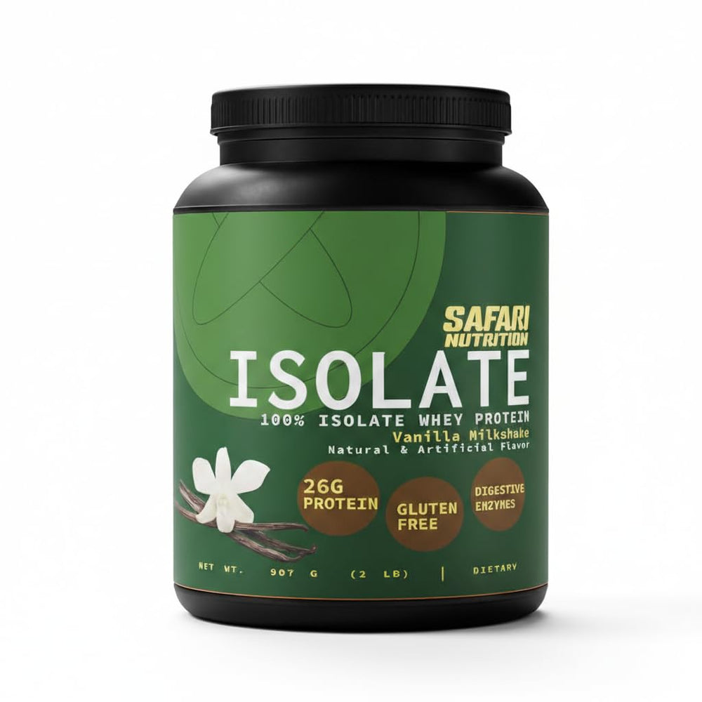 Safari Nutrition Isolate Vanilla tub front showing premium protein for workouts