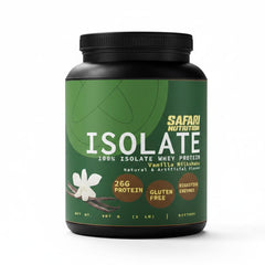 Safari Nutrition Isolate Vanilla tub front showing premium protein for workouts