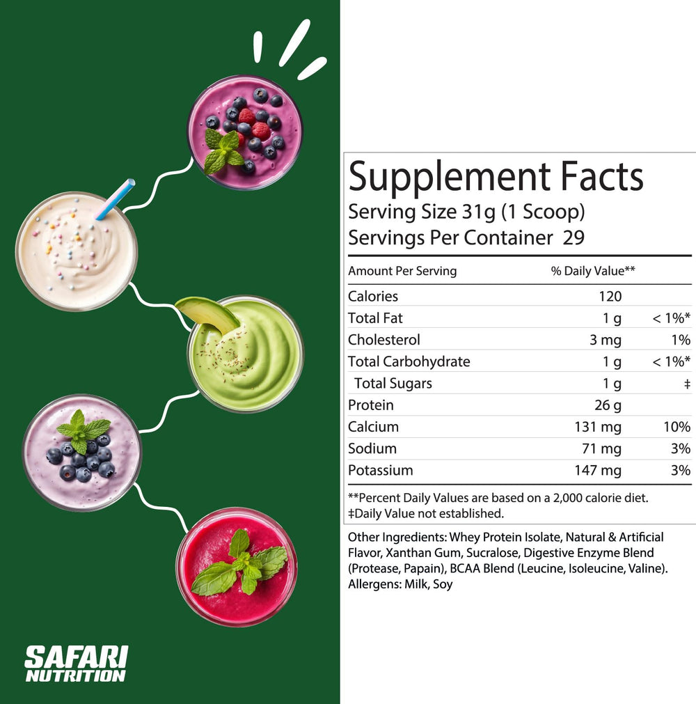 Safari Nutrition Isolate Vanilla label closeup with transparent ingredient listing