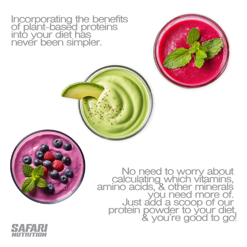 Safari Nutrition nutrition facts label highlights 20g protein per serving and organic ingredients.