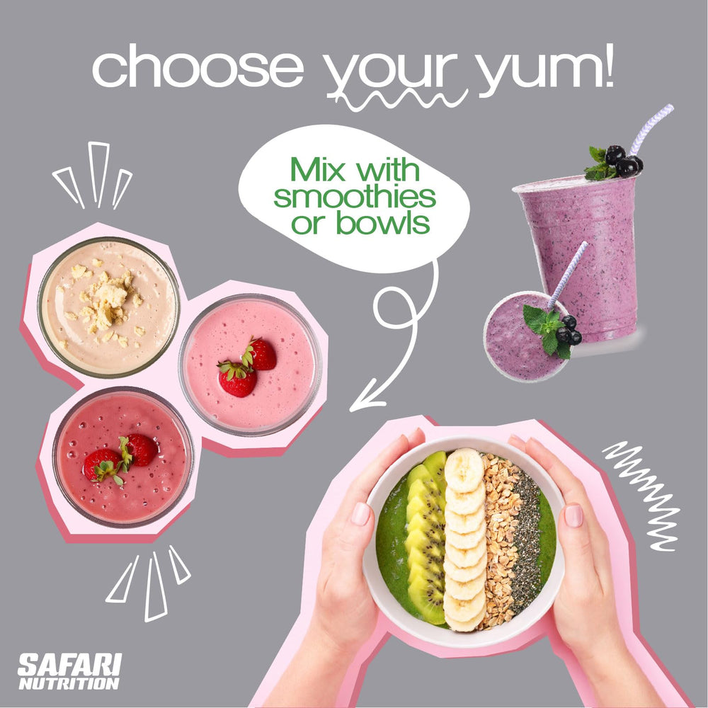 Safari Nutrition tub packaging on shelf conveys clean label and sustainable packaging.