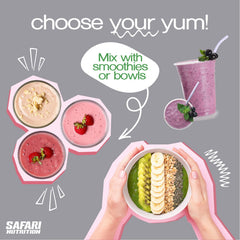 Safari Nutrition tub packaging on shelf conveys clean label and sustainable packaging.