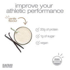 Safari Nutrition vanilla powder closeup emphasizes smooth flavor and natural sweetness.