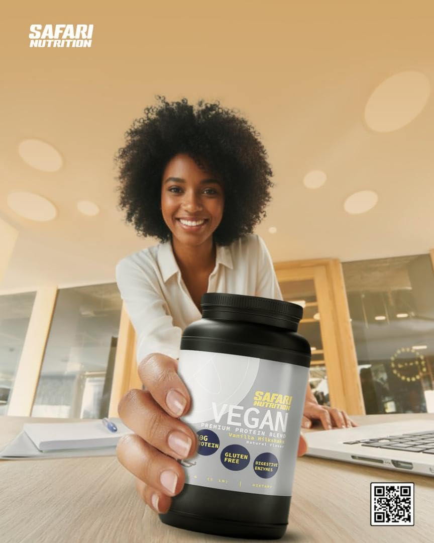 Safari Nutrition vanilla protein tub closeup highlights creamy vanilla aroma.