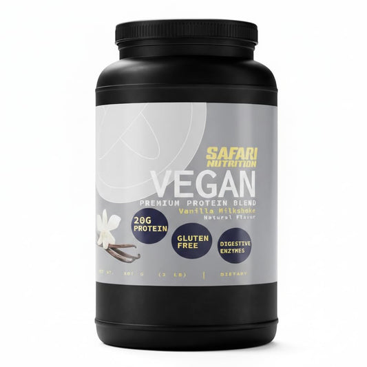 Safari Nutrition vegan vanilla protein tub front showing brand and organic blend for clean energy.