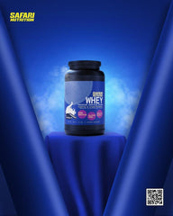 Close-up of transparent nutrition label on Safari Nutrition whey packaging.